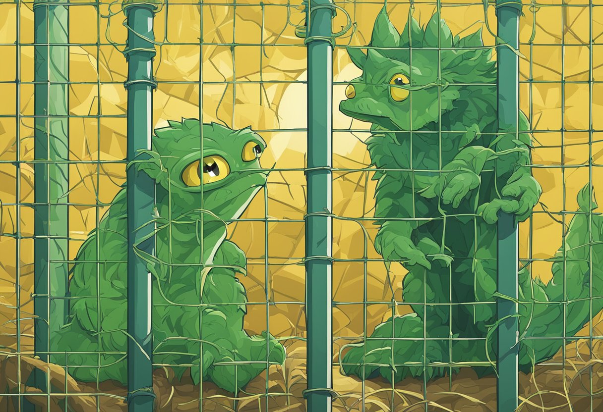 A green-eyed monster lurks behind a fence, glaring at a golden trophy