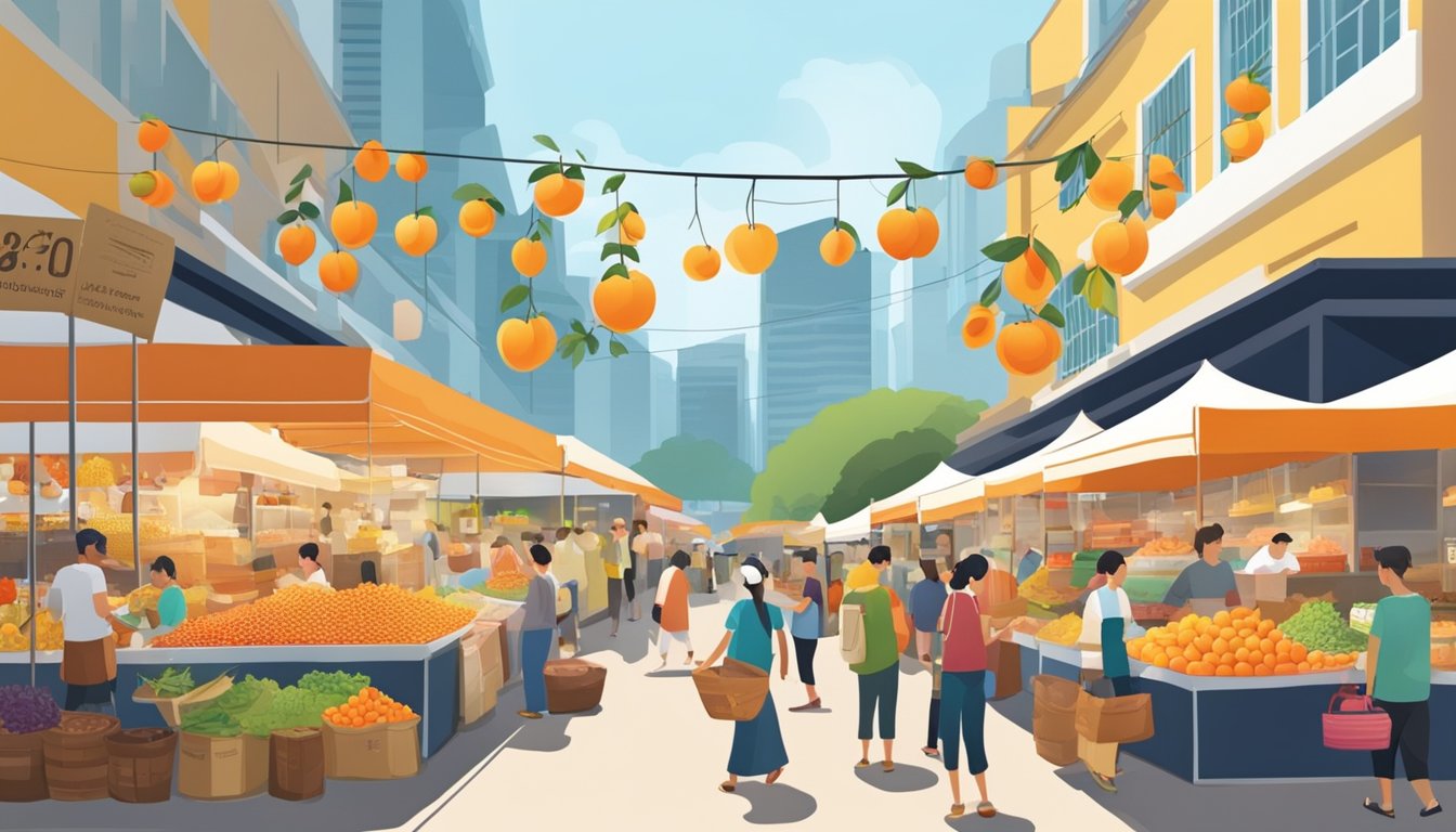 A bustling outdoor market with colorful stalls selling fresh apricots in Singapore. Bright signs and bustling customers add to the lively atmosphere