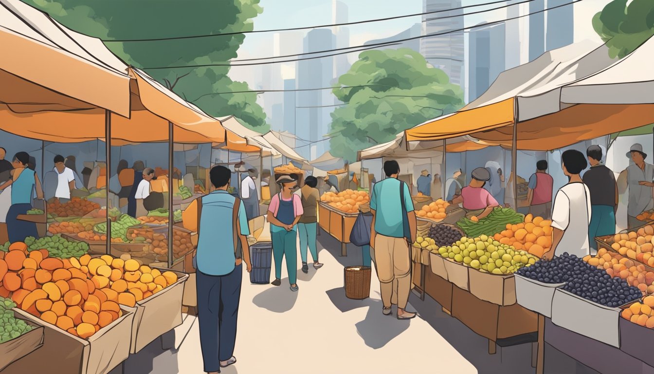 A bustling outdoor market with colorful stalls offering fresh apricots in Singapore. Vendors display the ripe fruit in neat piles, while customers browse and sample the juicy offerings