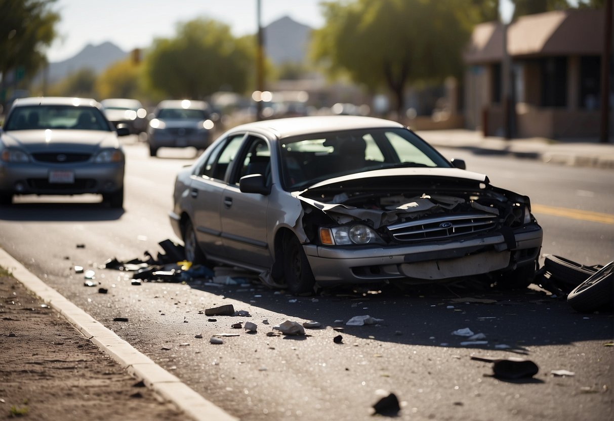 A car crashed into another vehicle on a busy street in Mesa, Arizona. The scene shows the aftermath of the collision with cars damaged and emergency vehicles arriving at the scene
