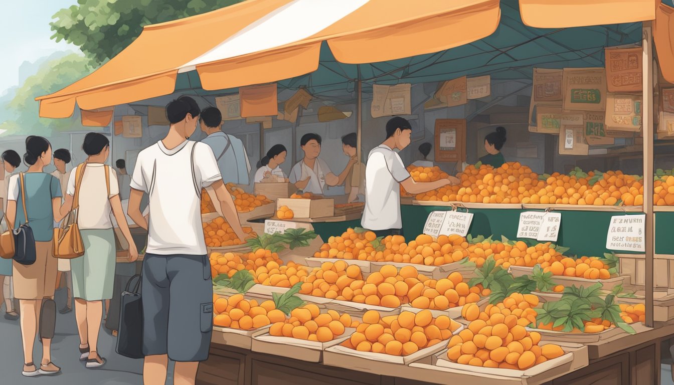 A bustling market stall in Singapore, with vibrant apricots on display and a sign reading "Frequently Asked Questions: Where to buy apricot in Singapore."