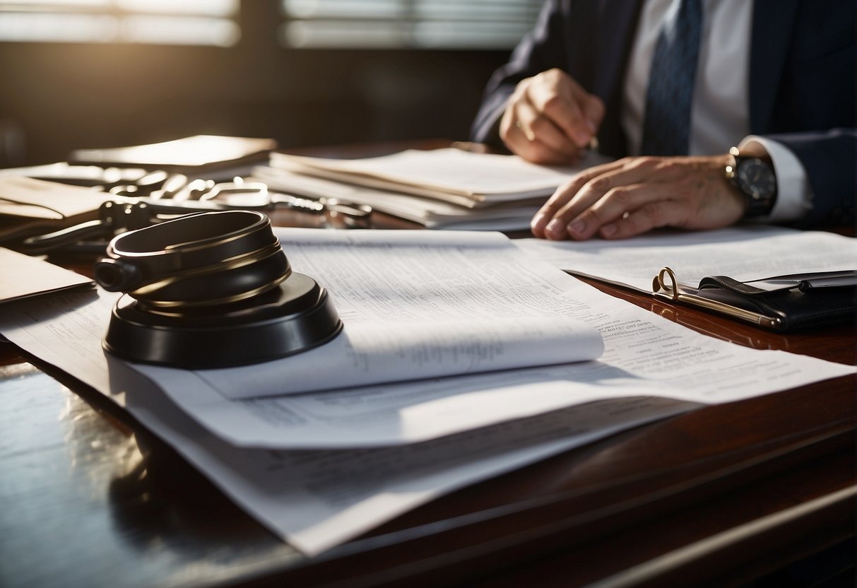 A lawyer diligently prepares a compensation claim for a car accident in Mesa, Arizona. The lawyer is focused and determined, surrounded by legal documents and evidence