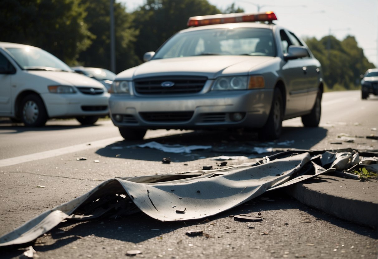 A mangled car sits on the side of the road, surrounded by emergency vehicles and onlookers. Skid marks and debris litter the pavement, conveying the aftermath of a serious accident