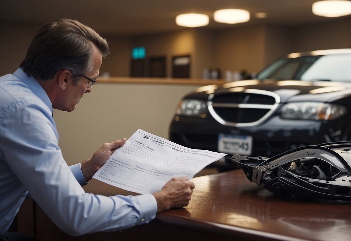 A car accident victim meeting with a lawyer in Mesa, Arizona. Legal documents and a damaged vehicle are on the table