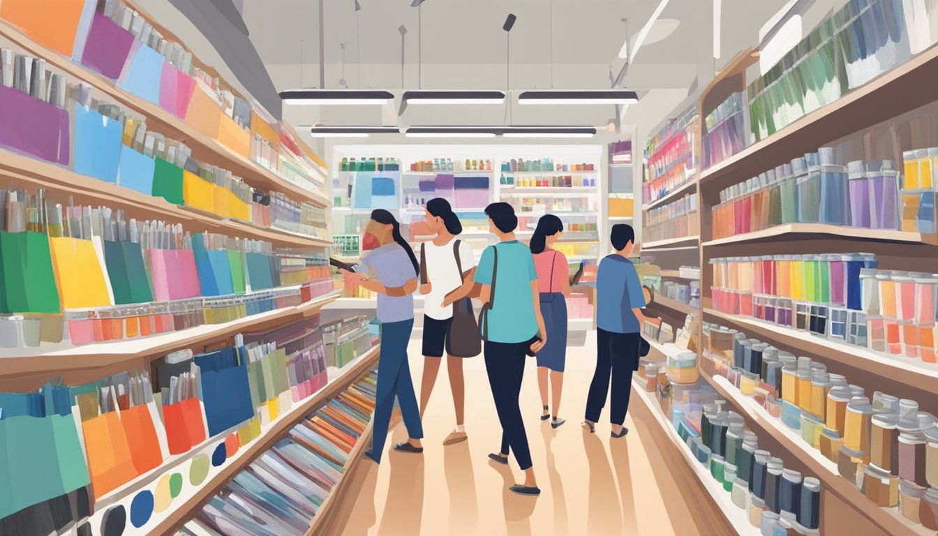 A bustling art store in Singapore, shelves stocked with colorful paints, brushes, and canvases. Customers browse the aisles, admiring the array of art supplies