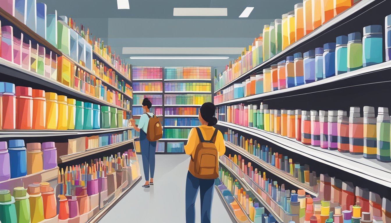 Brightly lit art supply store shelves filled with colorful paints, brushes, and sketchbooks. Customers browsing through aisles, admiring the wide selection of art materials