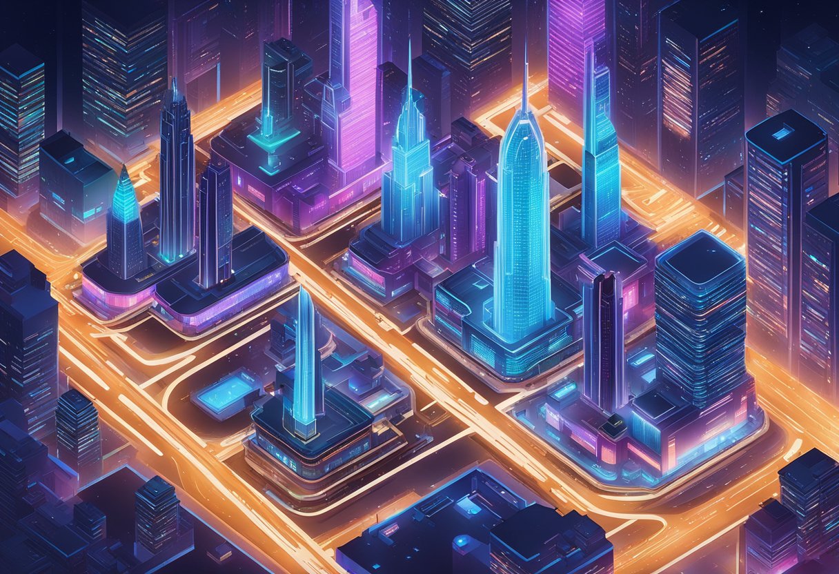 A futuristic cityscape with soaring skyscrapers and sleek, high-speed vehicles zooming through the air. Bright neon lights and holographic displays create a sense of wonder and excitement
