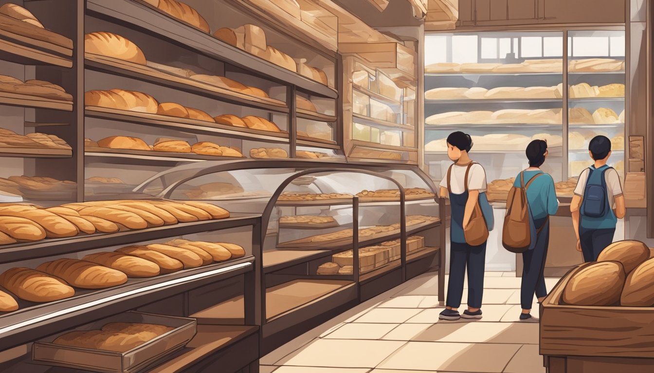 A bustling bakery in Singapore displays freshly baked baguettes on wooden shelves. Customers browse and select their favorite loaves, while the aroma of warm bread fills the air
