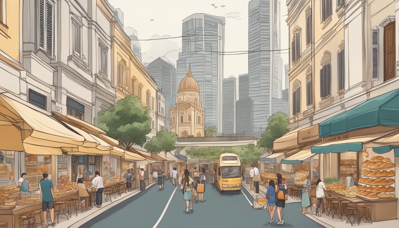 A bustling street in Singapore, lined with quaint bakeries and bustling with locals and tourists, as the aroma of freshly baked baguettes fills the air