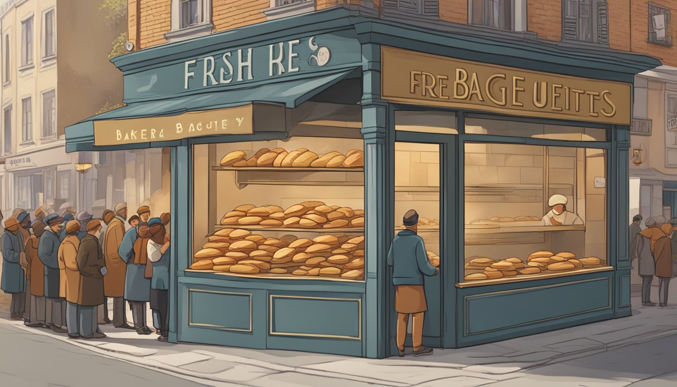 People line up at a bustling bakery, with a sign reading "Fresh Baguettes" in the heart of the city. A baker pulls golden loaves from a brick oven