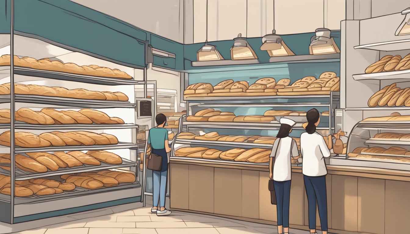 A bustling bakery in Singapore, with shelves stacked high with freshly baked baguettes and a sign displaying "Frequently Asked Questions: Where to buy baguette in Singapore."