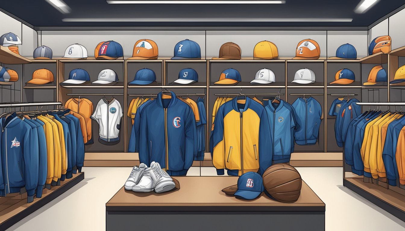 A sports store in Singapore displays baseball jackets on racks