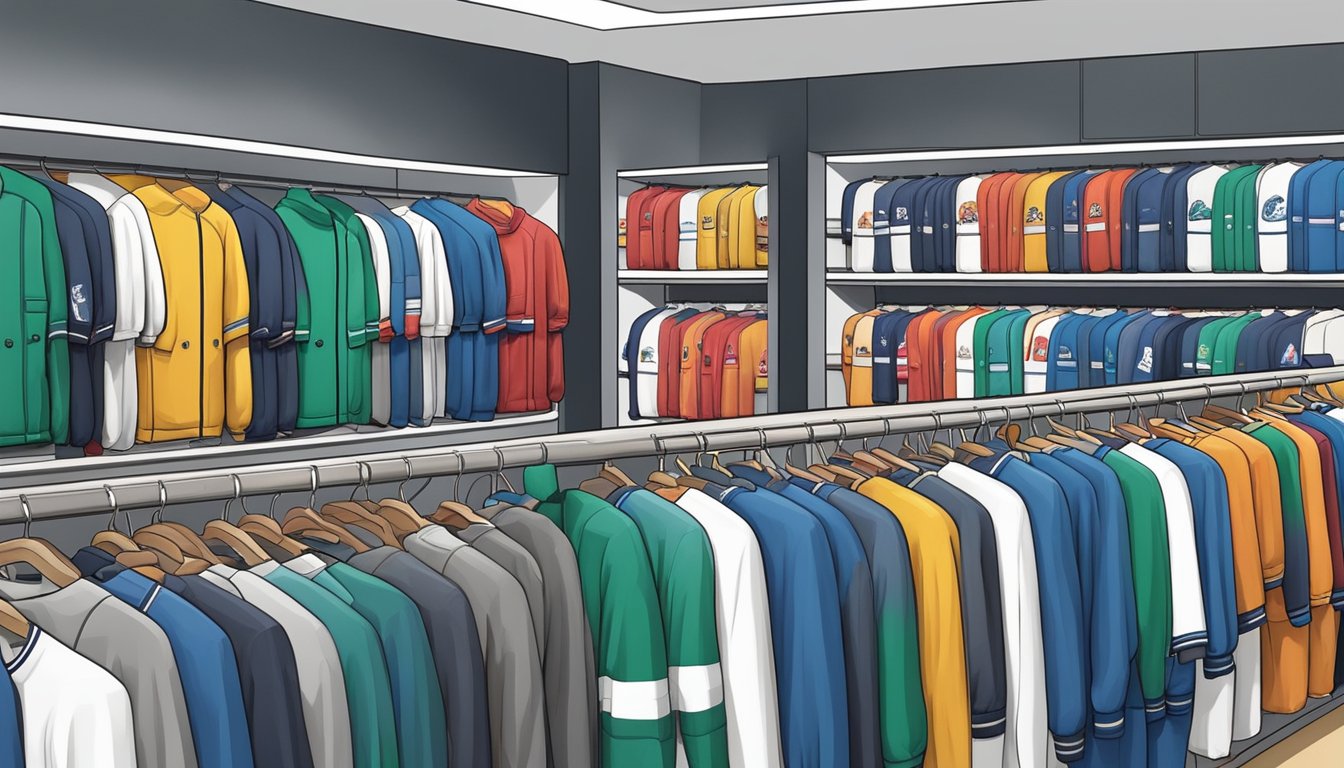 A display of baseball jackets in a Singapore store, with various colors and styles on racks and shelves