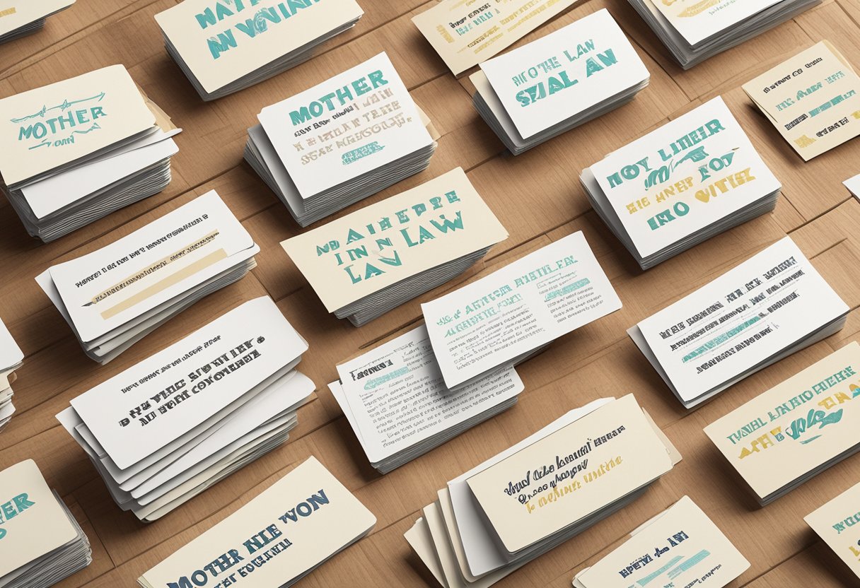 A stack of quote cards with "Mother in Law Quotes" written on them, arranged in a neat row on a wooden table