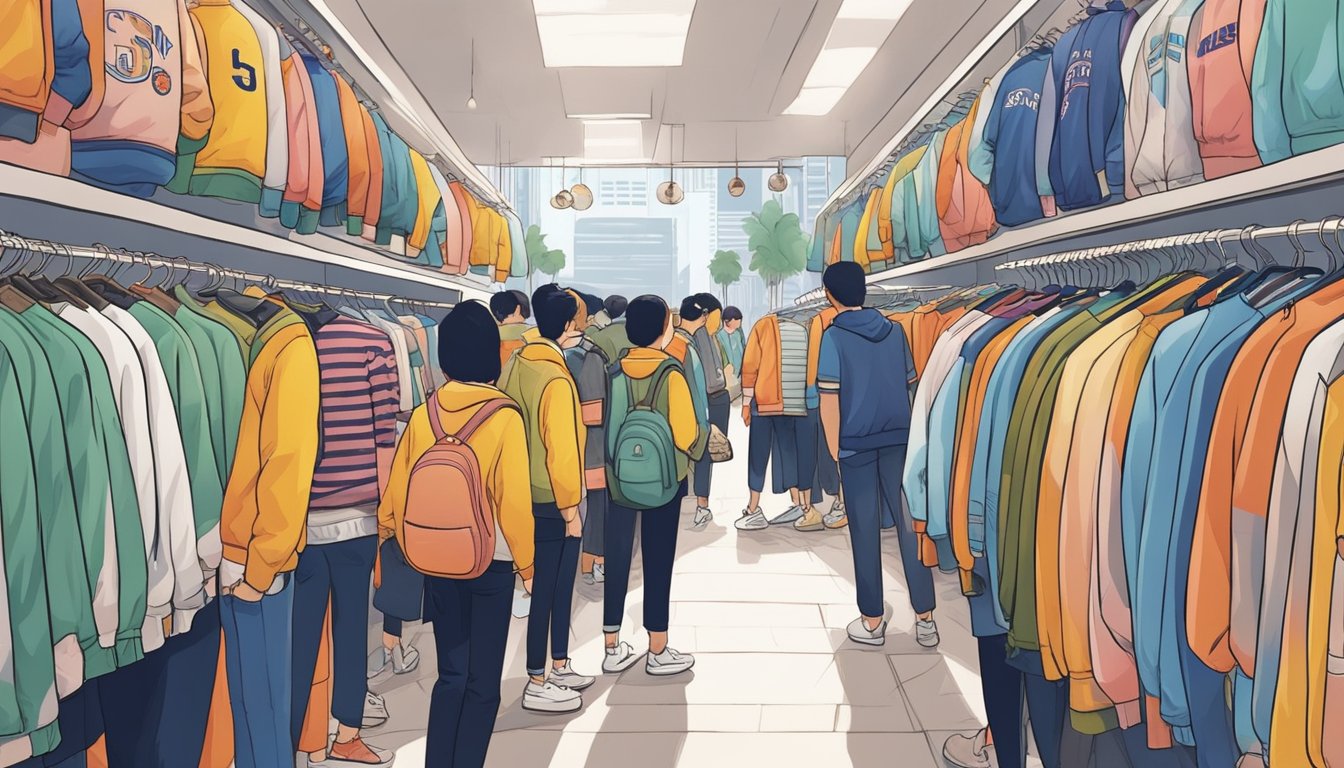 A bustling street lined with shops displaying a colorful array of baseball jackets in Singapore. Customers browse through racks, while store owners eagerly showcase the latest designs