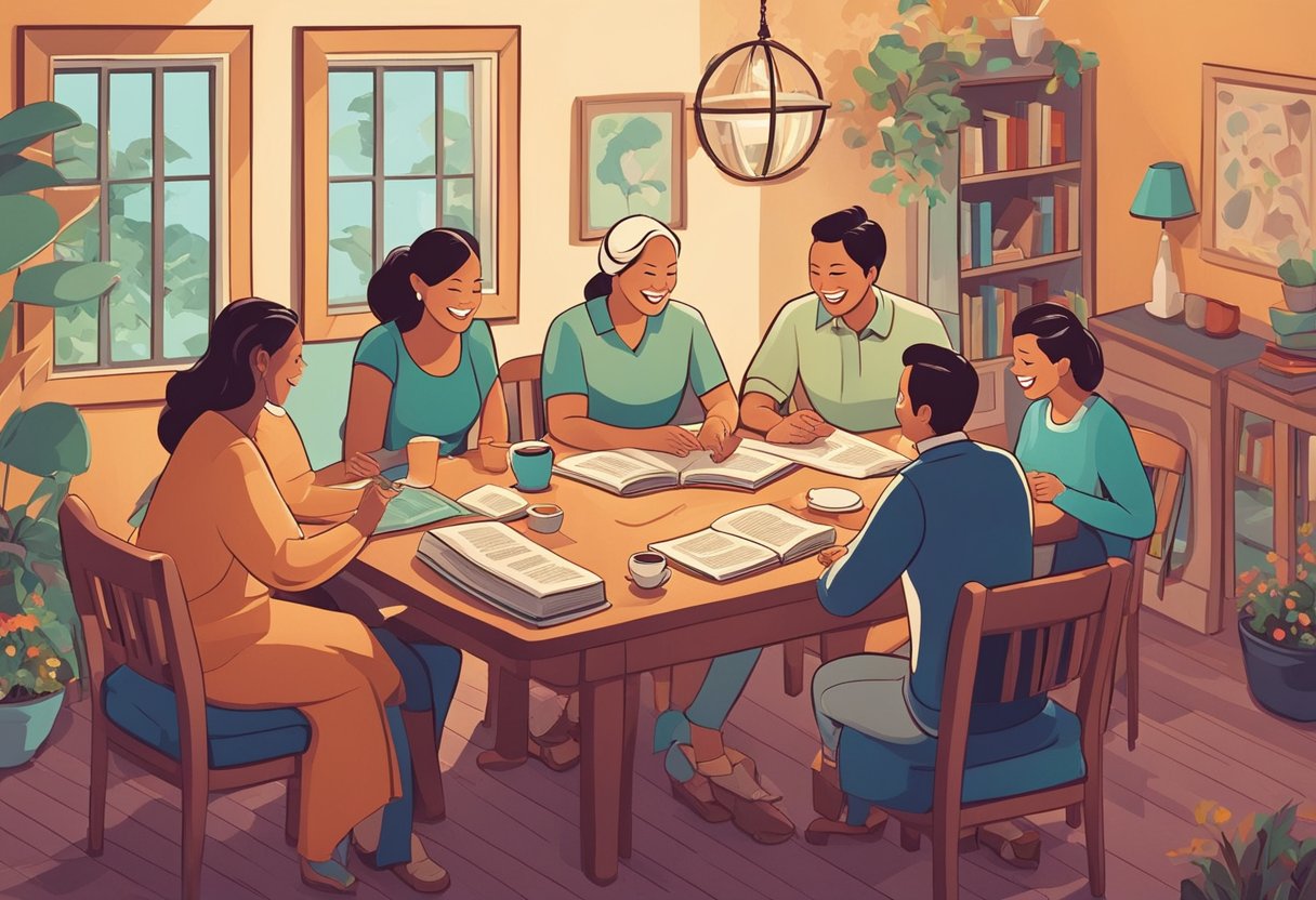 A family gathered around a table, sharing laughter and love while reading and discussing quotes about the importance of mother-in-law relationships