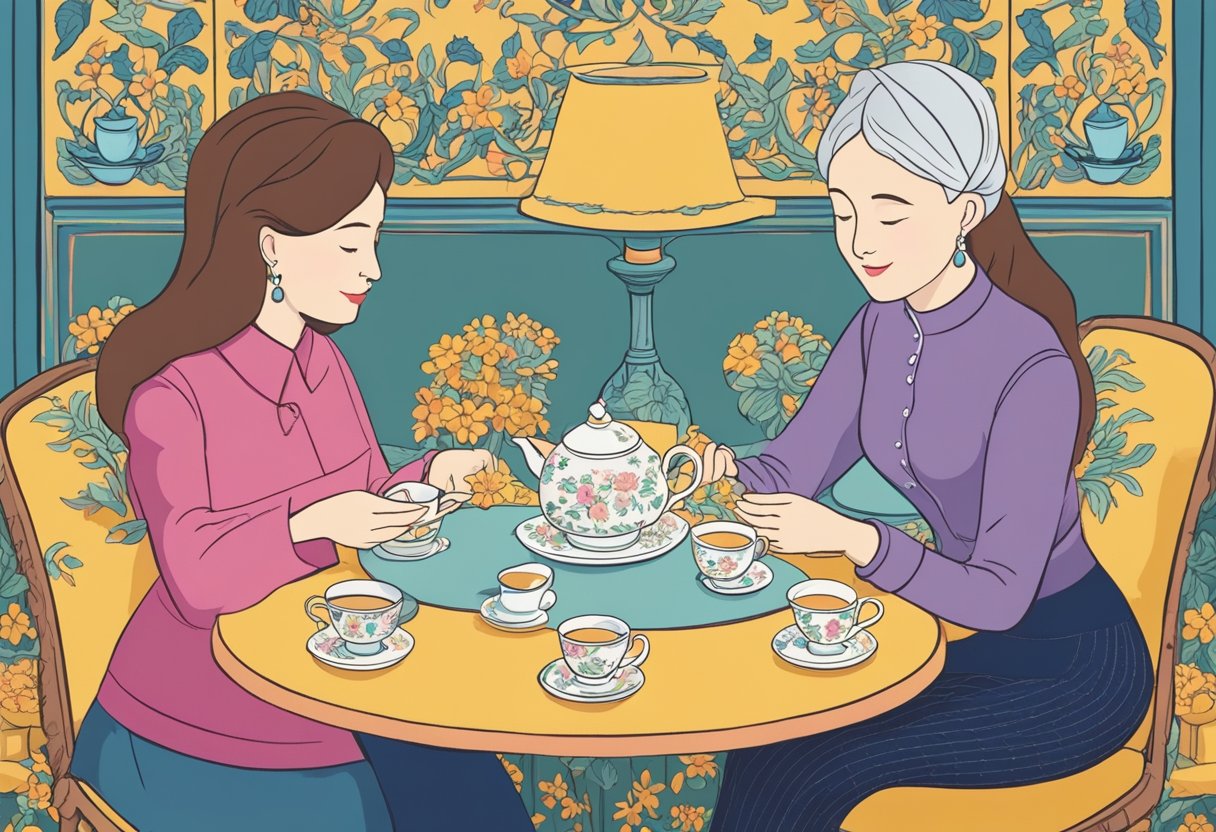 A woman delicately balances a teacup on a saucer while engaging in conversation with her mother-in-law. Their body language suggests a mix of tension and politeness