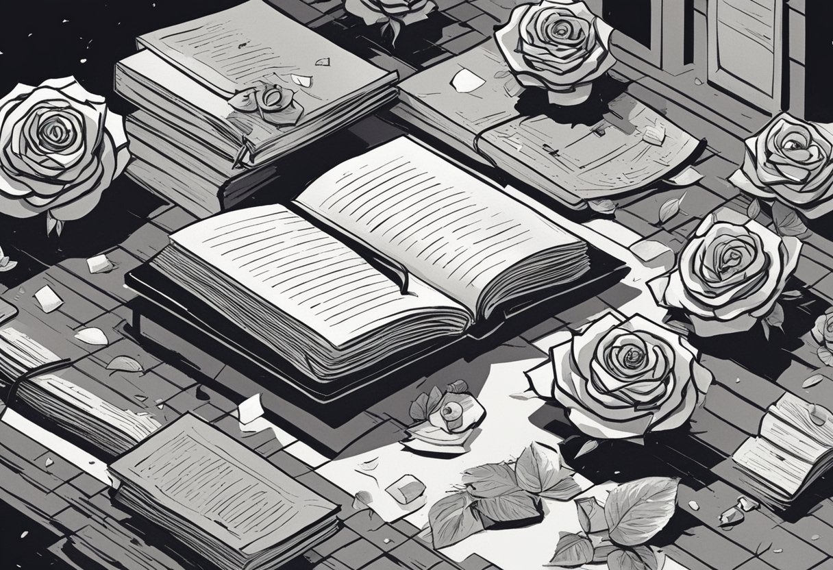 A dimly lit room with scattered black roses and a tear-stained diary open to pages filled with melancholic poetry