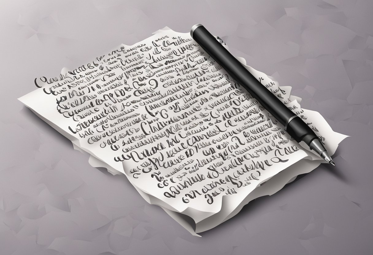 A piece of paper with "Quote List 1 - 25 emo quotes" written in cursive, surrounded by scattered ink pens and crumpled paper