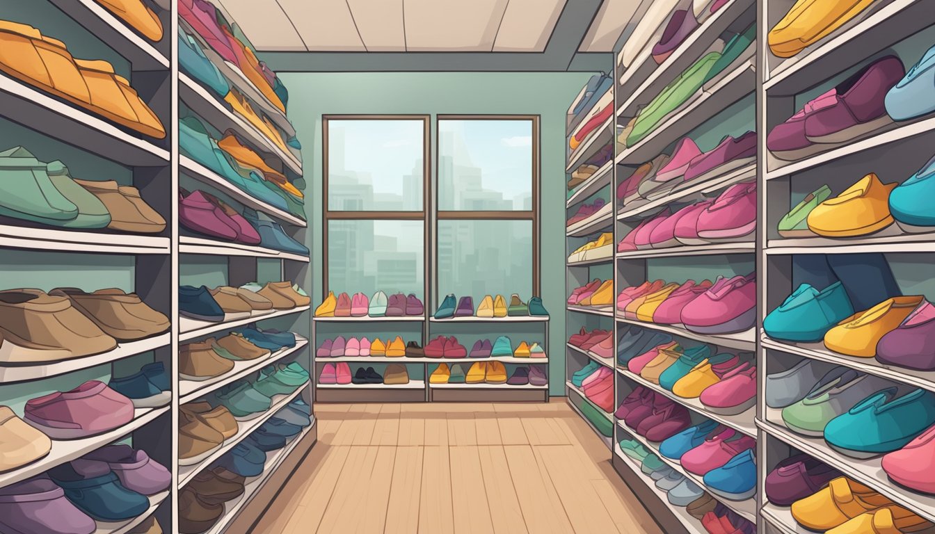 A cozy shoe store in Singapore displays a variety of bedroom slippers on shelves with price tags