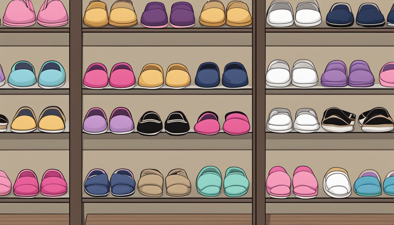 A cozy store display showcases an array of bedroom slippers in various styles and colors, with soft materials and cushioned soles, inviting customers to try them on for a perfect fit