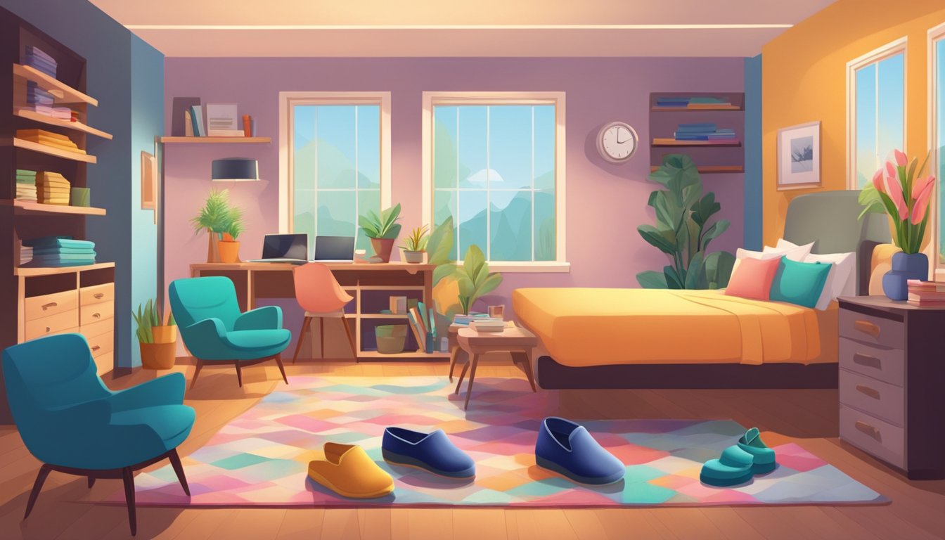 A cozy bedroom with shelves of colorful slippers, a comfortable chair, and a friendly salesperson assisting a customer