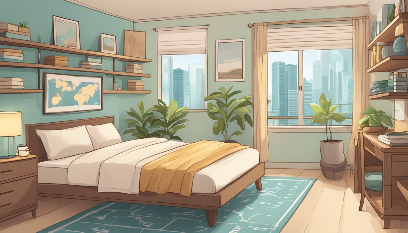 A cozy bedroom with shelves of slippers, a sign reading "Frequently Asked Questions," and a map of Singapore on the wall