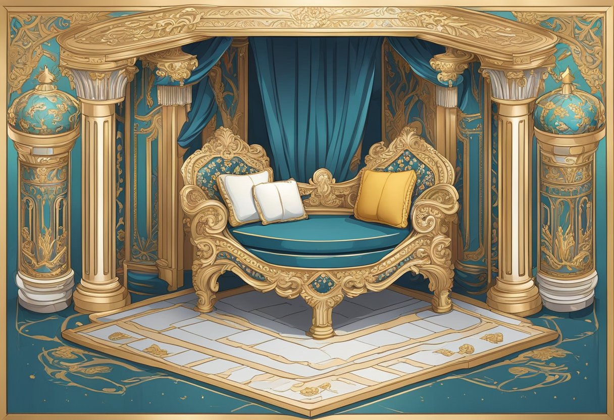 A regal princess quotes with confidence and grace, surrounded by an opulent throne and ornate decor