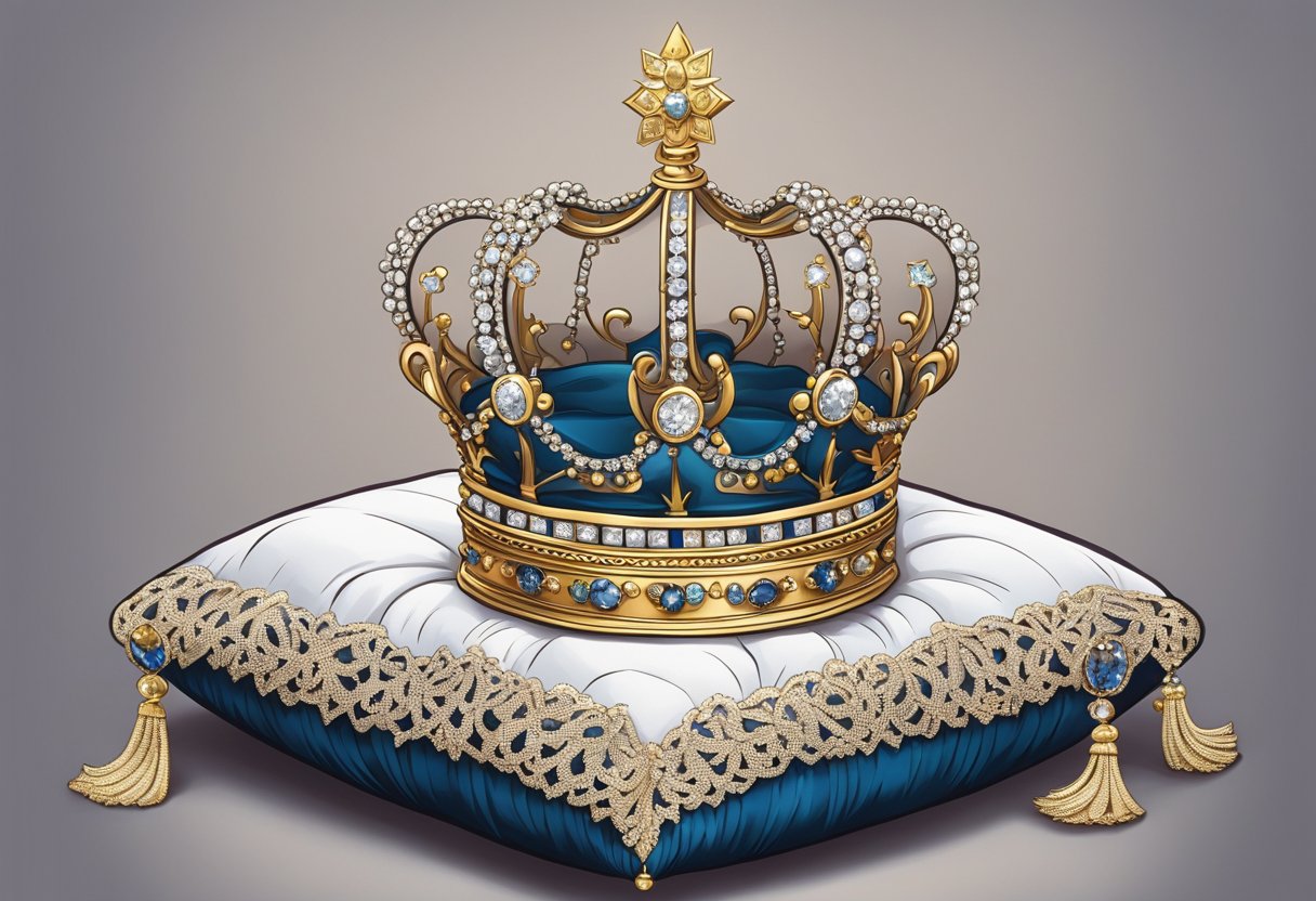 A royal crown sits atop a velvet pillow, surrounded by shimmering jewels and delicate lace. A regal scepter leans against the pillow, exuding elegance and grace