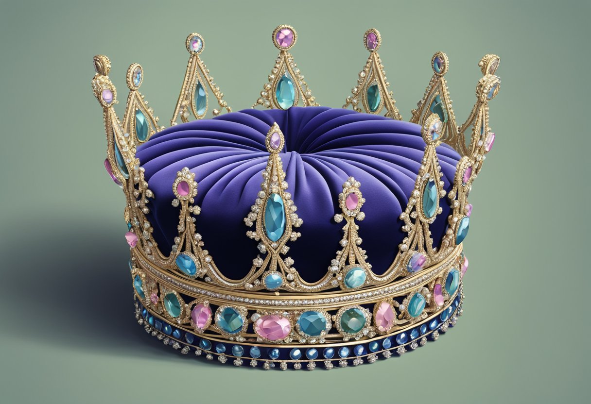 A royal crown atop a velvet cushion, surrounded by sparkling jewels and delicate lace, symbolizing the regal elegance of a princess