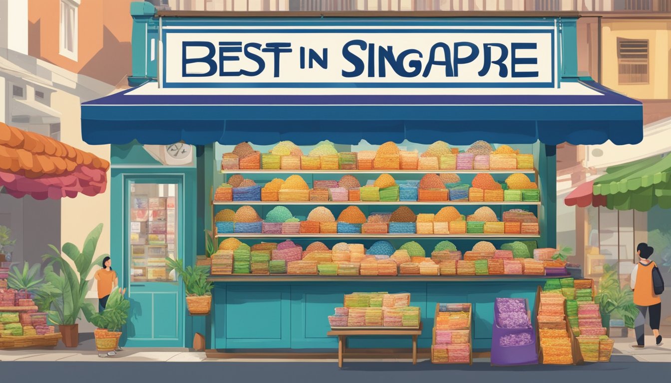 A bustling market stall displays various kueh lapis flavors in vibrant packaging, with a sign promoting "best in Singapore."