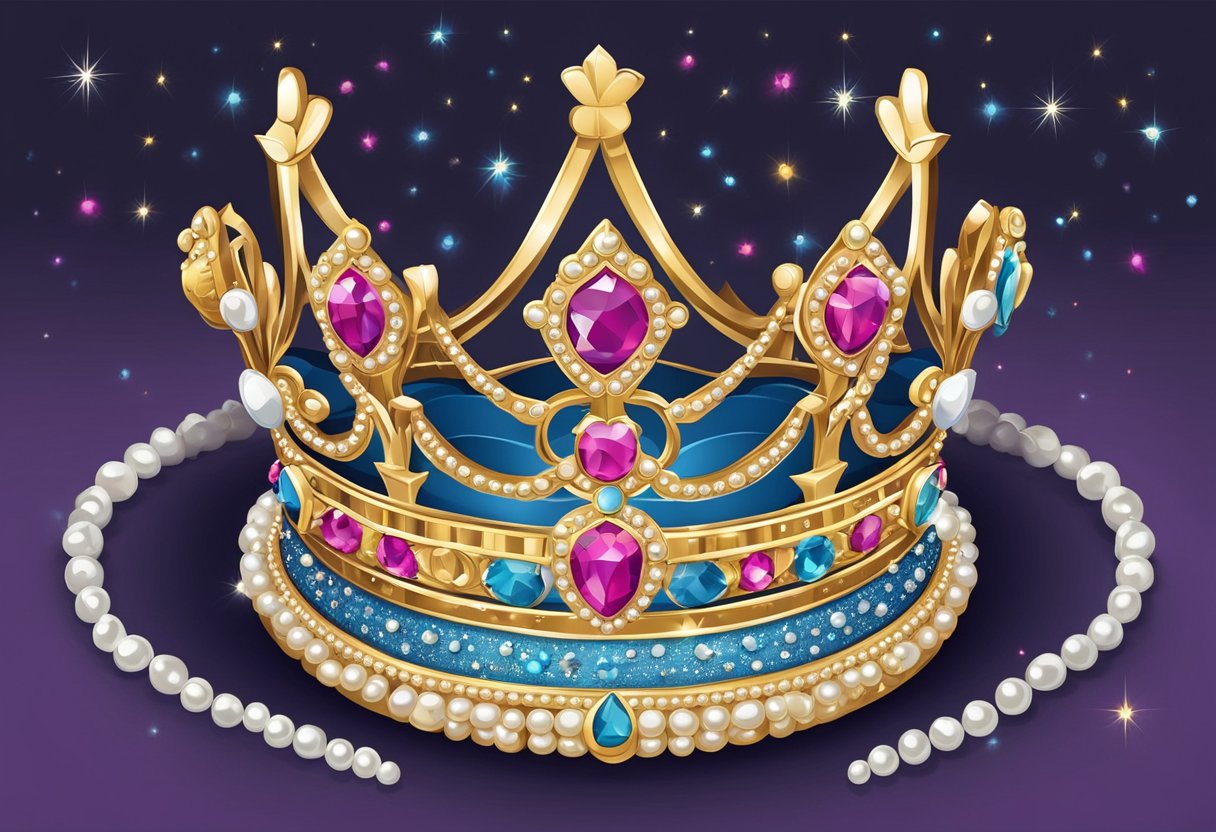A royal crown sits atop a velvet pillow, surrounded by twinkling jewels and pearls, symbolizing the elegance and regality of a princess