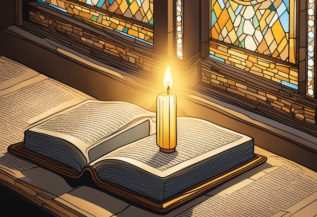 Sunlight streaming through stained glass, illuminating a Bible open to a verse about faith. A candle flickers nearby, casting a warm glow
