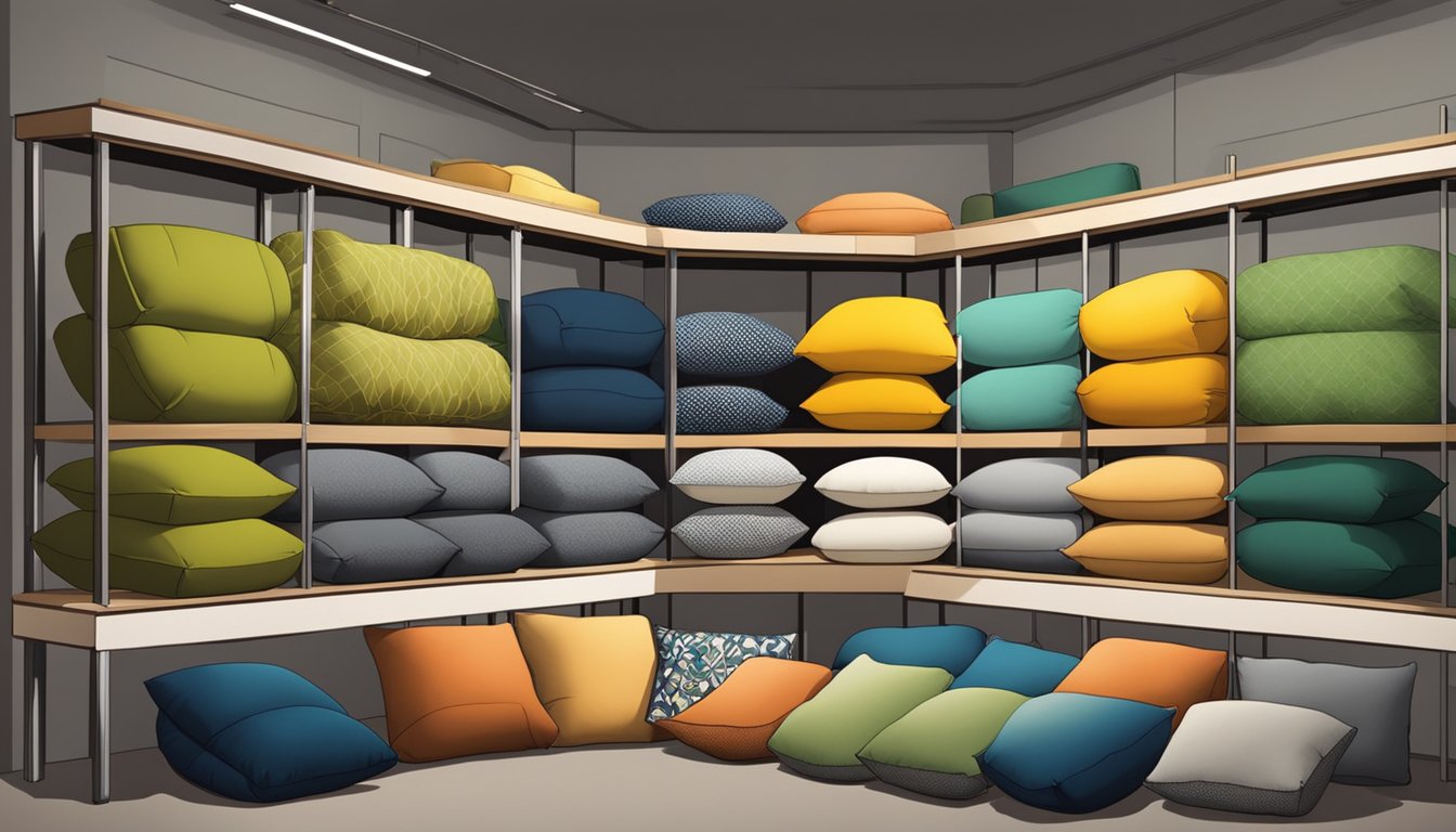 A display of various big cushions in a store in Singapore, with different colors, textures, and sizes showcased on shelves and racks