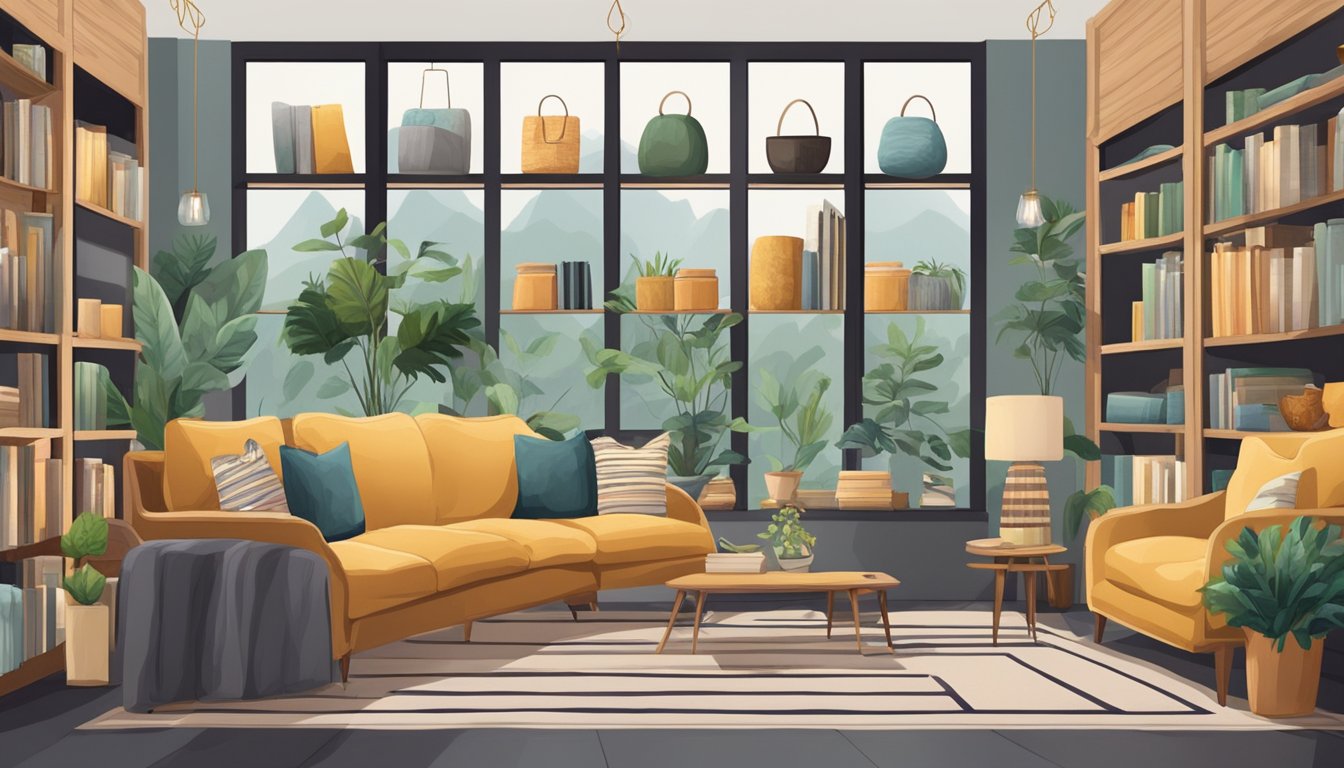 A cozy home decor store with shelves of oversized cushions in various colors and patterns, inviting customers to browse and find the perfect addition to their living space