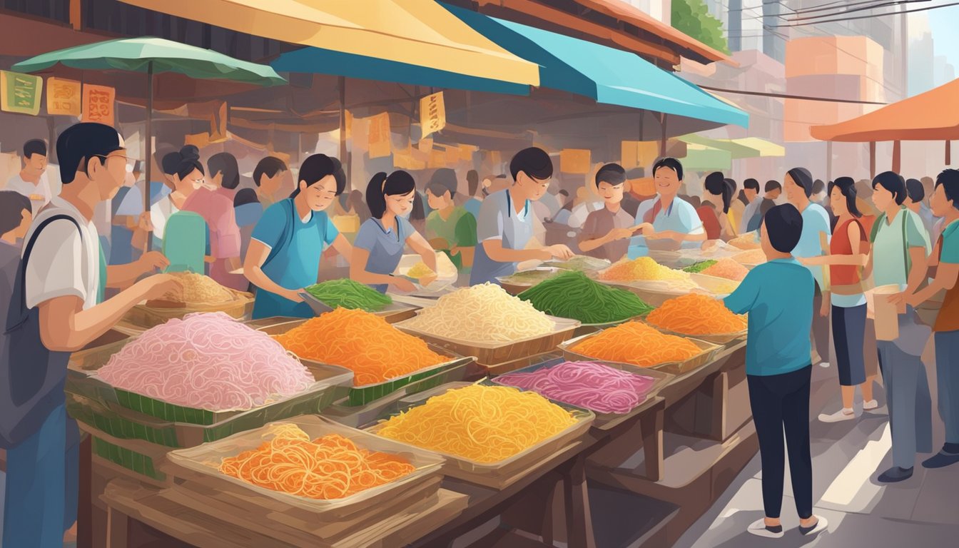 A bustling Singaporean market stall sells colorful yu sheng ingredients, surrounded by eager customers