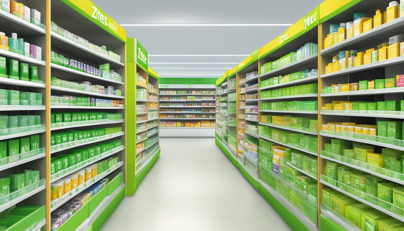 A pharmacy shelf displays Zyrtec-D boxes in Singapore