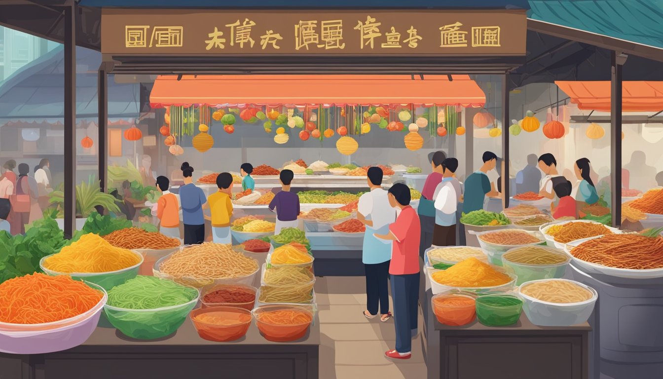Colorful market stalls display fresh ingredients for Yu Sheng. Customers eagerly line up to purchase the traditional dish in Singapore