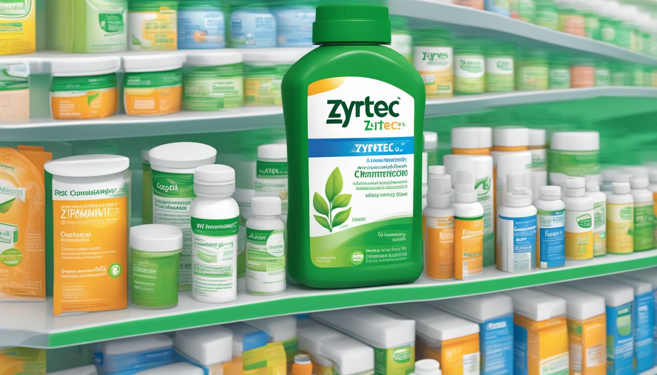 A bottle of Zyrtec sits on a pharmacy shelf, surrounded by other allergy medications. The label prominently displays the benefits of the product