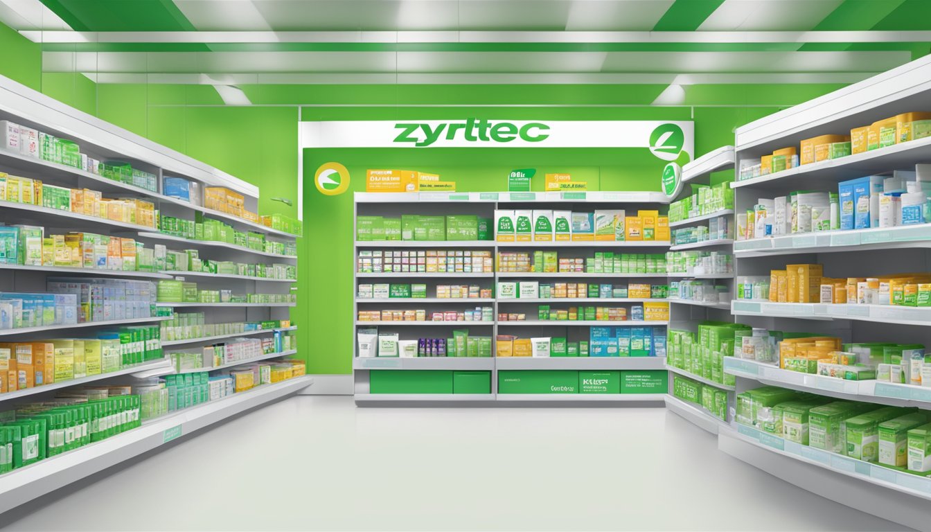 A pharmacy shelf displays Zyrtec-D boxes. Customers browse the allergy medication aisle