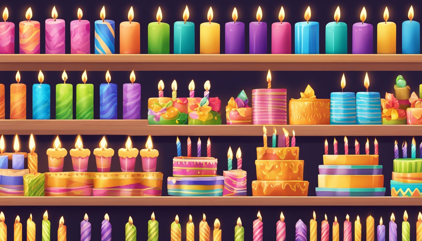 A brightly lit store shelf displays various colorful birthday candles for sale in Singapore