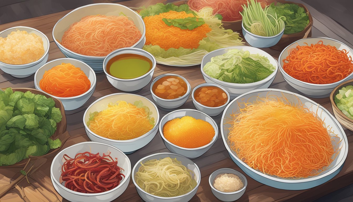 A colorful display of Yu Sheng ingredients at a market in Singapore - fresh fish, shredded vegetables, sauces, and condiments