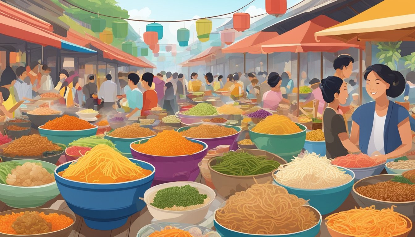 A bustling market stall with colorful yu sheng ingredients displayed in vibrant bowls and plates, surrounded by eager customers and vendors in Singapore