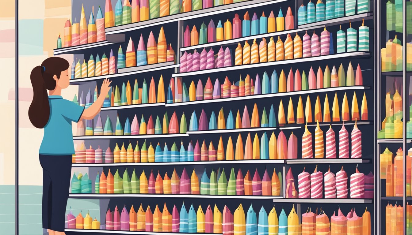 A hand reaches for a display of colorful birthday candles at a store in Singapore. Shelves are filled with various sizes and designs to choose from