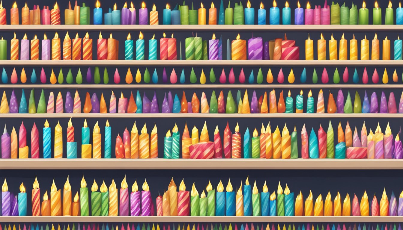 Shelves stocked with colorful birthday candles in a Singapore store