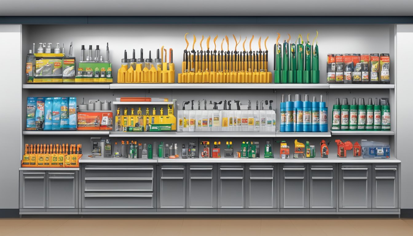 A hardware store shelf displays various blow torch models available for purchase in Singapore