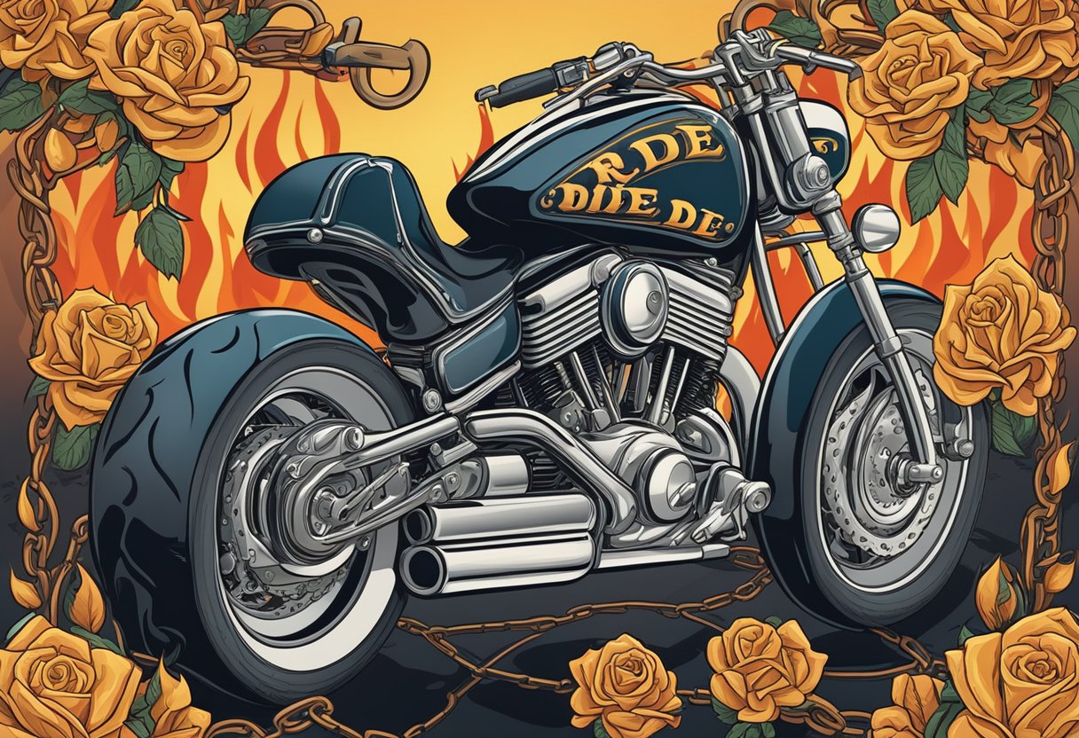 Two intertwined motorcycle chains with the words "ride or die" engraved on them, surrounded by flames and roses