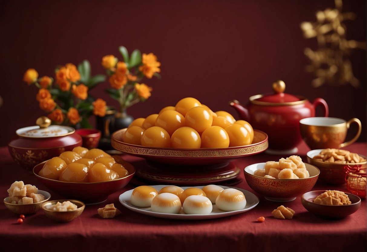 A table set with red and gold decorations, featuring a spread of traditional Chinese New Year dessert recipes like tangyuan and nian gao