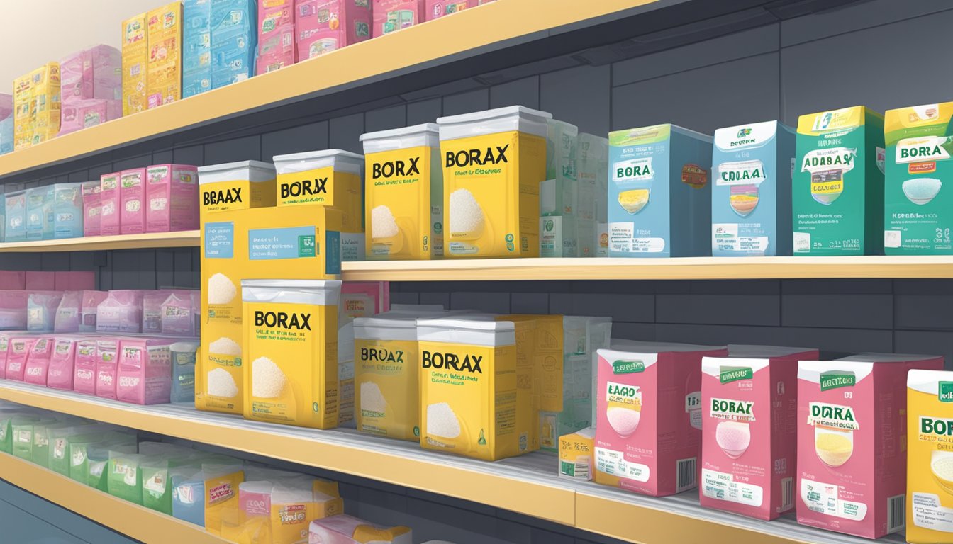 A shelf in a Singaporean store displays boxes of borax powder, with clear signage indicating the product's availability for purchase