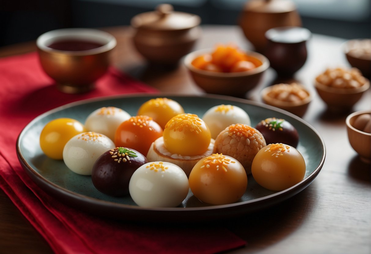 A table adorned with traditional Chinese New Year desserts, including tangyuan, nian gao, and sweet rice balls, symbolizing prosperity and unity